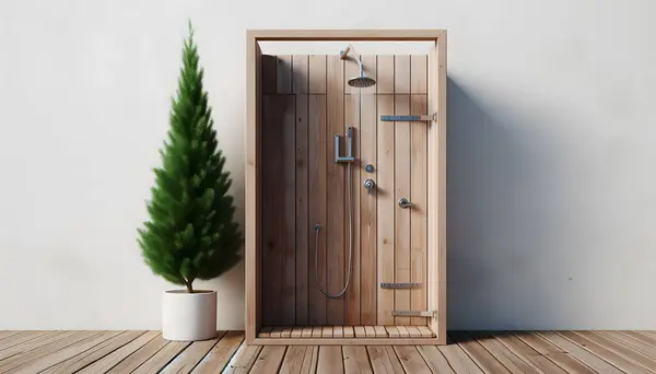 stock image The wooden bathroom provides a sense of separation and privacy.