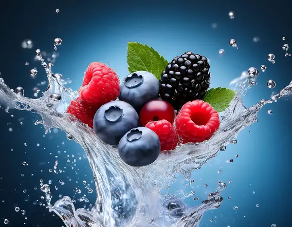 stock image Berries like blueberries, raspberries, and blackberries in a vibrant splash.