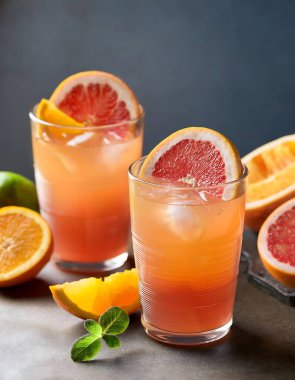 Two glasses of citrus-infused beverages with grapefruit and orange slices.  (1) clipart