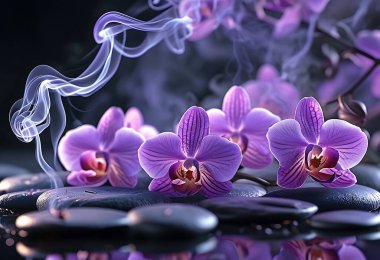 Incense sticks are burning and releasing fragrant smoke, creating a calming atmosphere alongside beautiful purple orchids and smooth stones (1) clipart