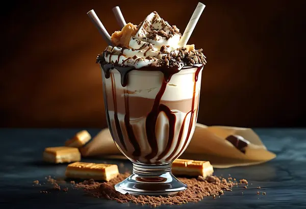 stock image Lotus Biscoff Sundae milkshake with chocolate and whipped cream, served with a straw in a glass, with a dark background when viewed from the side (1)