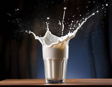 Dynamic scene of milk splashing above the glass rim. clipart