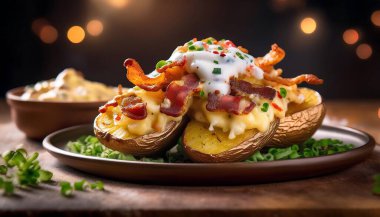 Baked potato skins are topped with melted cheese, crispy bacon, sour cream, and chopped green onions, served on a wooden plate. clipart