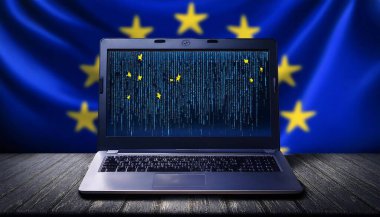 A laptop displaying code sits on a case against a backdrop of the European Union flag. clipart