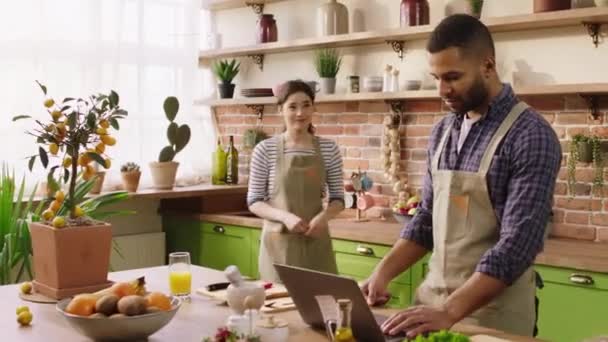 Very Happy Couple Multiracial Morning Cooking Together Enjoy Time Smiling — Wideo stockowe