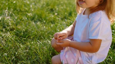 Çimlerin üzerinde küçük tatlı bir kız çimlerle oynuyor ve kameraya bakıp gülümsüyor ve parkta eğleniyor..