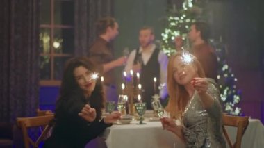 Kameranın önünde ellerinde pırıltılarla gülümseyen güzel kadınlar Noel 'i ya da yeni yılı kutluyorlar. Yemek masasında erkekler tartışırken çok heyecanlı bir şekilde oturuyorlar.