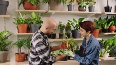 In front of the camera in the floral shop the shop assistant lady have a conversation with the customer she help the customer guy to decide what flowers to choose. Shot on ARRI Alexa Mini