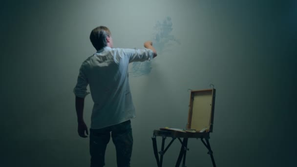 Artist Man Painting Large Picture Wall Using Paint Brushes Concept — Stock Video