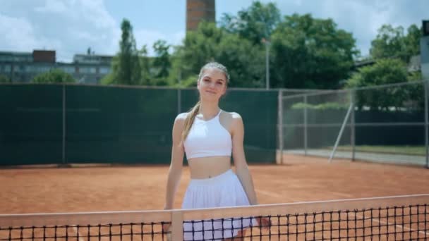 Smiling Cute Tennis Player Lady She Holding Racket Hands Looking — Vídeo de stock
