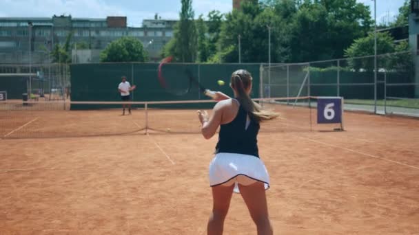 Professional Tennis Playing Match One Woman Man Playing Outdoor Clay — Stockvideo