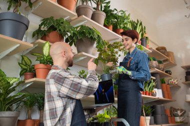 In front of the camera shop assistant man together with the florist woman working together they checking the inventory from the shop using the laptop and discussing at the same time. Portrait