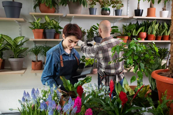 Small family business Caucasian couple together working at the floral store they checking the inventory of shop using the laptop to type in. Portrait