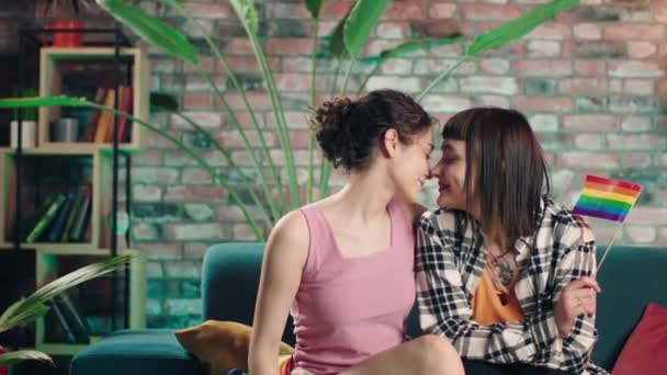Lovely Lgbt Ladies Very Romantic Wanting Kiss Each Other Sofa — Stock video