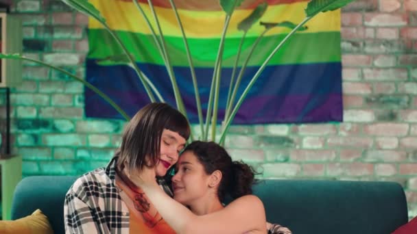 女同性恋 男同性恋 双性恋和变性者家庭等着孩子 两位女士抱着对方怀孕的肚子在镜头前拥抱对方 向Arri Alexa Mini开枪 — 图库视频影像