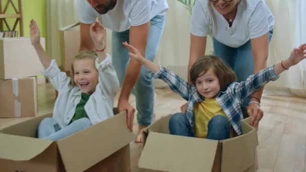Great Time Cute Charismatic Kids Have Ride Boxes Moving New — Stok video