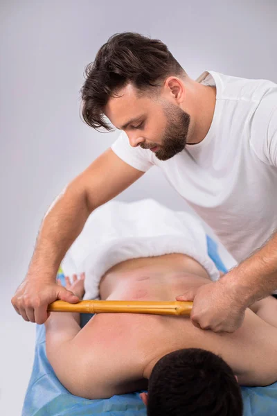 Taking Video Form Top Spa Salon Therapist Man Using Wooden — Zdjęcie stockowe
