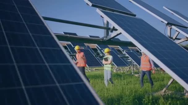 Група Інвесторів Інженерів Екологів Які Проходять Крізь Ферму Сонячних Панелей — стокове відео