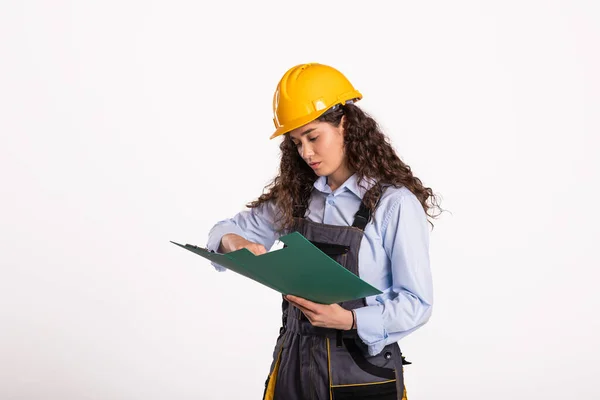 Female Industrial Engineer Uniform Clipboard White Background Safety Equipment — Stock Photo, Image
