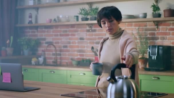 Sick Lady Morning Take Some Hot Water Kettle Make Some — Stock Video