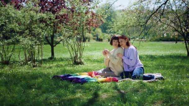 两个漂亮的女同志在公园里野餐 躺在毛毯上 讨论着把Lgbt旗放在后面的问题 — 图库视频影像