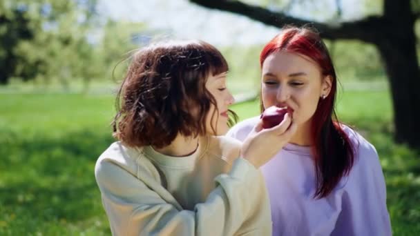 公園で2人のレズビアンの女性をよく見ると 彼らは一緒に1つのリンゴを食べて 一緒に太陽を楽しむピクニックを持っています — ストック動画