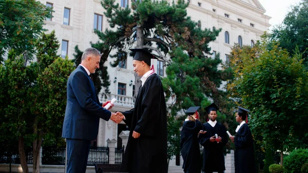 Good Looking Man College Principal Graduation Day Giving Diploma One — Stock Photo, Image