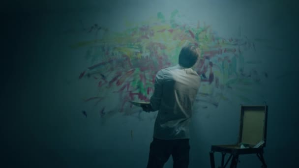 Concept Contemporary Art Artist Man Doing Modern Artwork Painting Fingers — стоковое видео