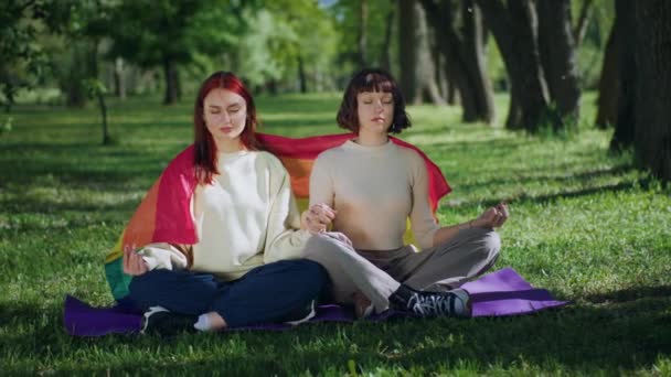 Pareja Lesbianas Practicando Yoga Parque Toman Posturas Yoga Mientras Sientan — Vídeo de stock