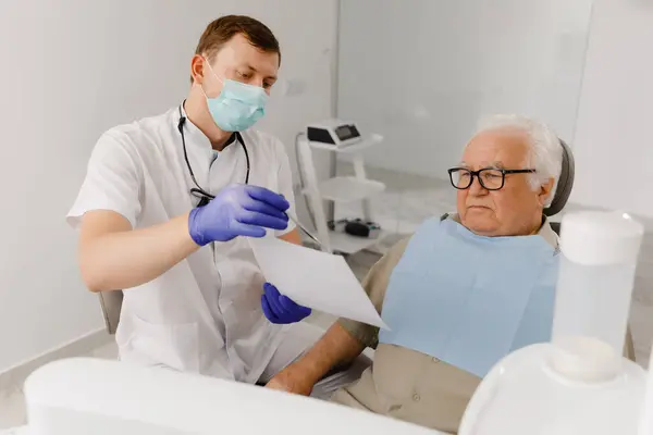 Dentist Check Old Man Sitting Dentist Chair Doctor Explains Patient Stock Picture