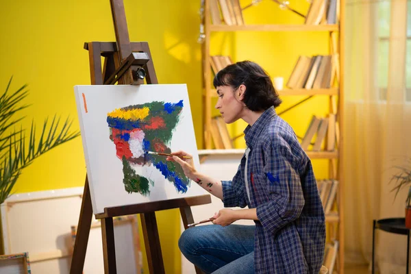 Close Shot Woman Dipping Her Brush Her Work Art Palette Stock Photo