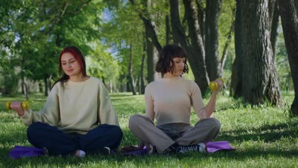 在一个阳光灿烂的日子里 公园里有两位迷人的女士一边练健美操 一边坐在瑜伽垫上练肌肉 — 图库视频影像