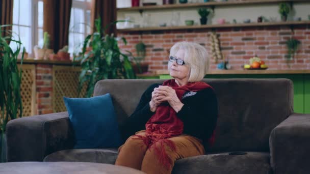 漂亮的老妇人坐在家里的沙发上 手里拿着热茶 在想她望着窗户的事 — 图库视频影像