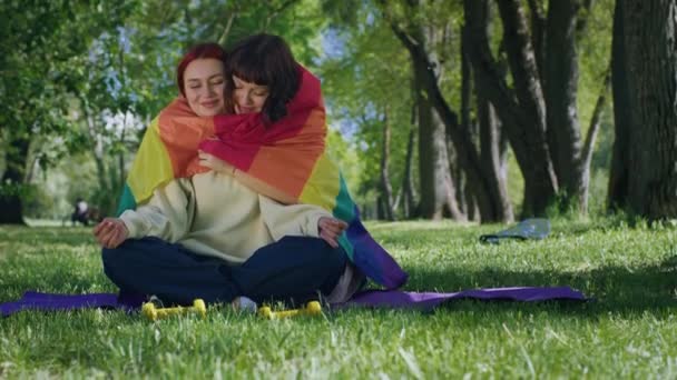 Very Happy Lgbt Couple Enjoy Time Together Meditation Park Grass — Stock Video
