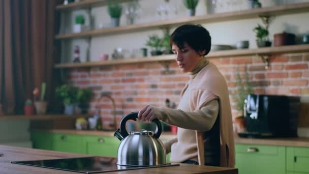 Morgonen Kom Karismatisk Kvinna Till Köket Hon Tar Från Elektrisk — Stockvideo