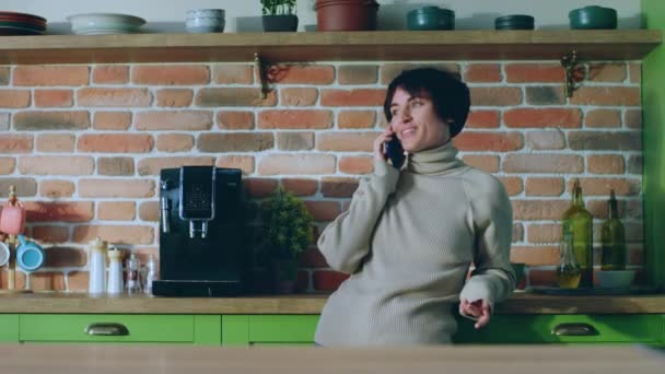 Mulher Atraente Cozinha Ter Uma Discussão Seu Telefone Ela Está — Vídeo de Stock