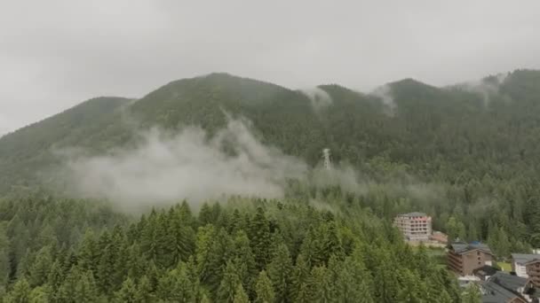 在一片阴郁的日子里 在群山的中央 用嗡嗡声从高处拍摄着青翠的森林和小度假屋 — 图库视频影像