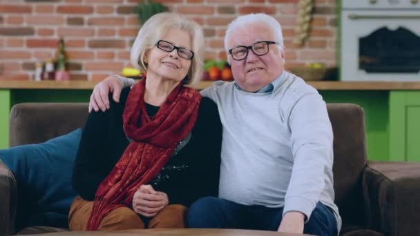 这对迷人的老夫妇坐在沙发上 在镜头前摆姿势 两眼直视 彼此拥抱 — 图库视频影像