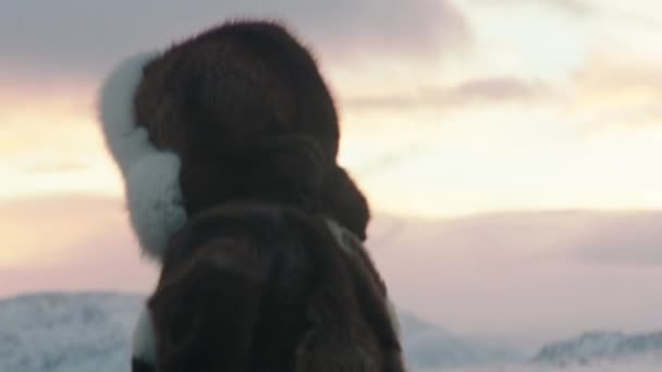特写运行快速驯鹿和男子在雪橇在北极中部美丽的捕捉视频 — 图库视频影像