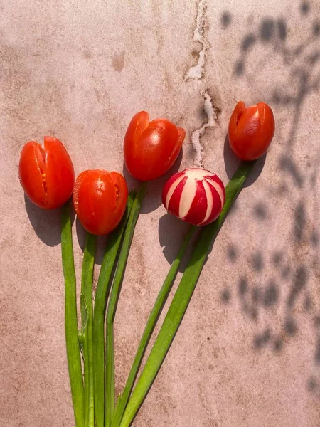 Vegetables Red Tulips Green Leaves White Background — Stock Fotó