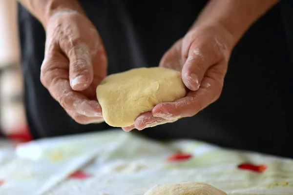 Woman Hands Making Dough Flour Kitchen Table — стоковое фото