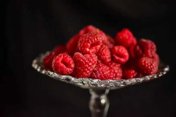 Fresh Raspberries Glass Plate — Stock Photo, Image