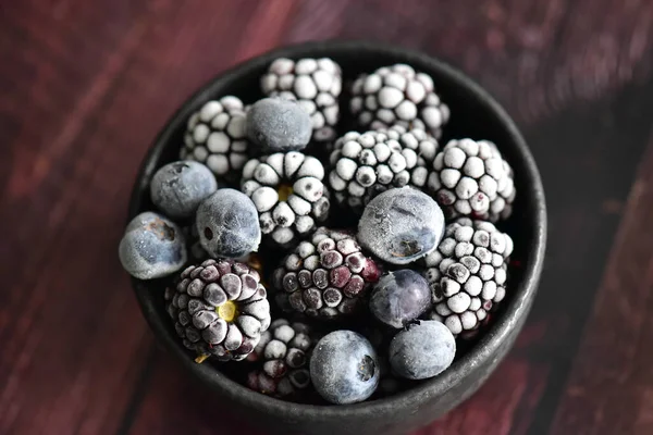 Frozen Blueberries Bowl Wooden Table — Stock Photo, Image