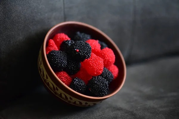 Bowl Jelly Candies Shape Blackberries Raspberries — Stock Photo, Image