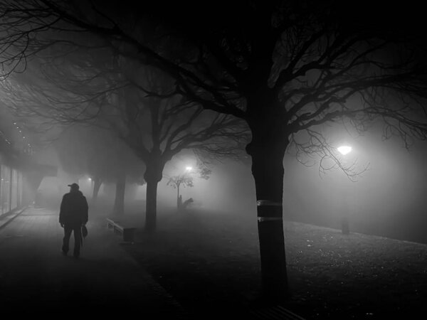man walking in the fog