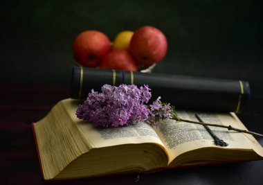 Kitap, diploma, elma ve çiçeklerle dolu bir hayat.