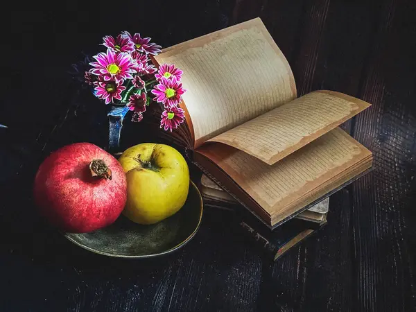 Autumn Still Life Books Apple Pomegranate Photo De Stock