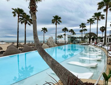 Güzel tropikal plaj. Palmiye ağaçları ve mavi okyanus.