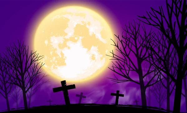 Umbre Întunecate Morminte Cruci Copaci Deal Halloween Fundal Lună Plină — Vector de stoc