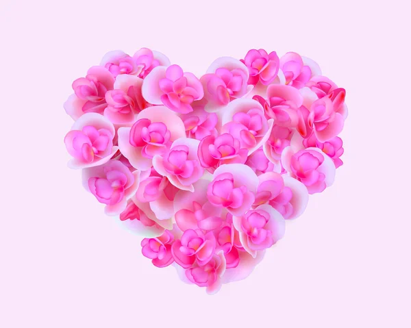 Pink Flowers Bloom Shape Heart Isolated Light Pink Background Realistic — Stock Vector